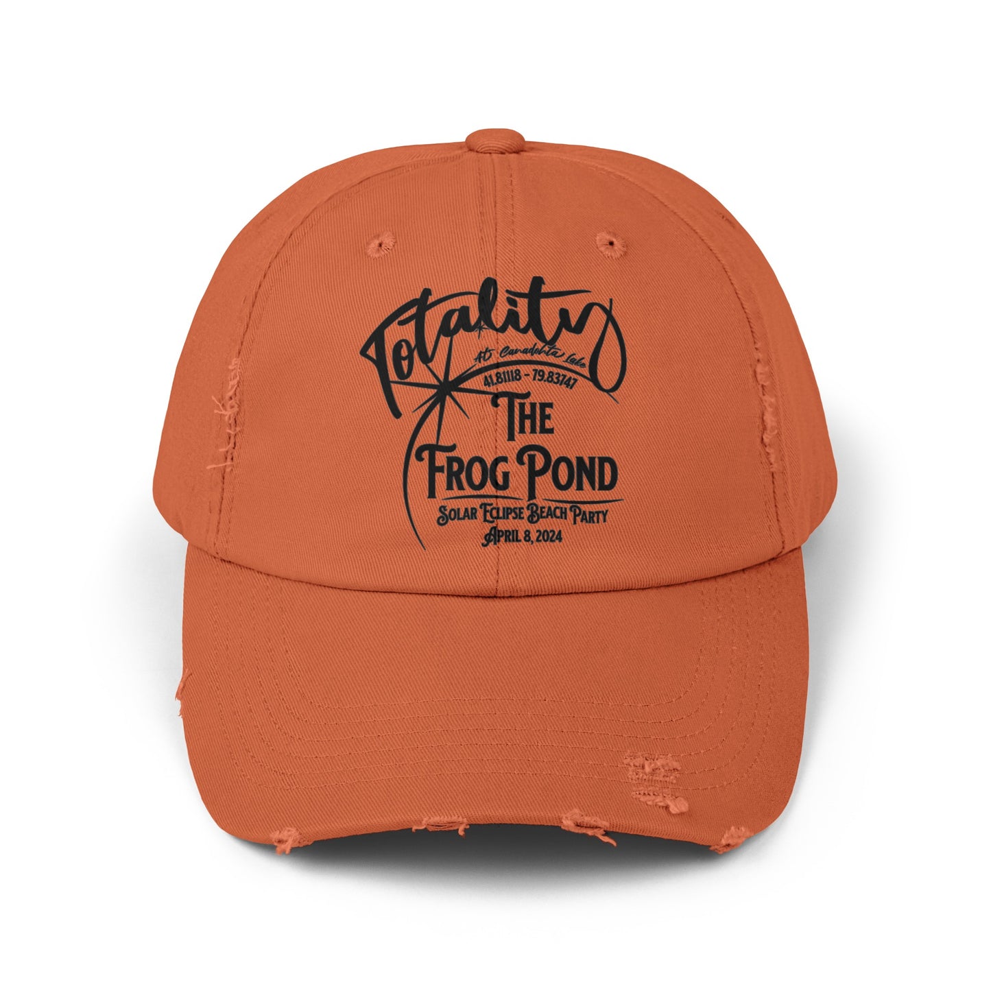 Front view, The Frog Pond Totality Beach Party distressed hat in Burnt Orange