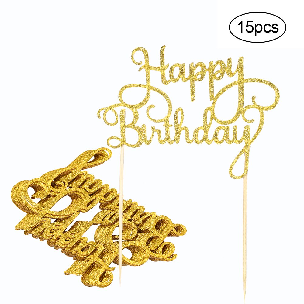 15Ppcs Gold Happy Birthday Cake Topper Glitter