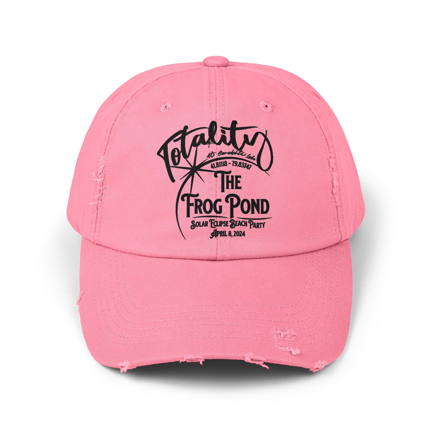 Front view, The Frog Pond Totality Beach Party distressed hat in Pink