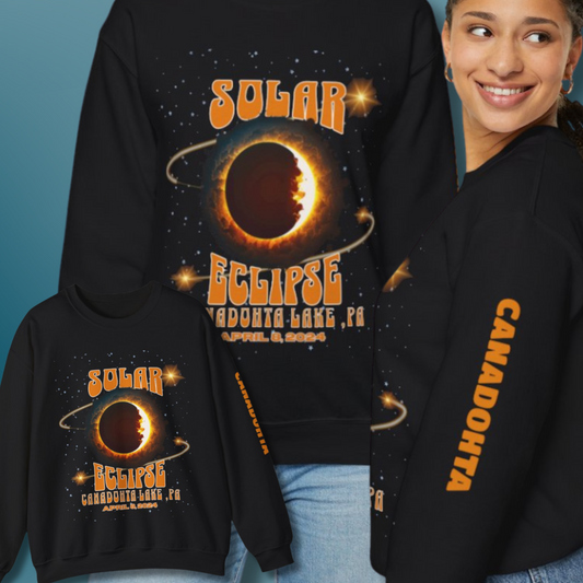 Solar Eclipse 2024 Crewneck Sweatshirt with Canadohta Sleeve Detail