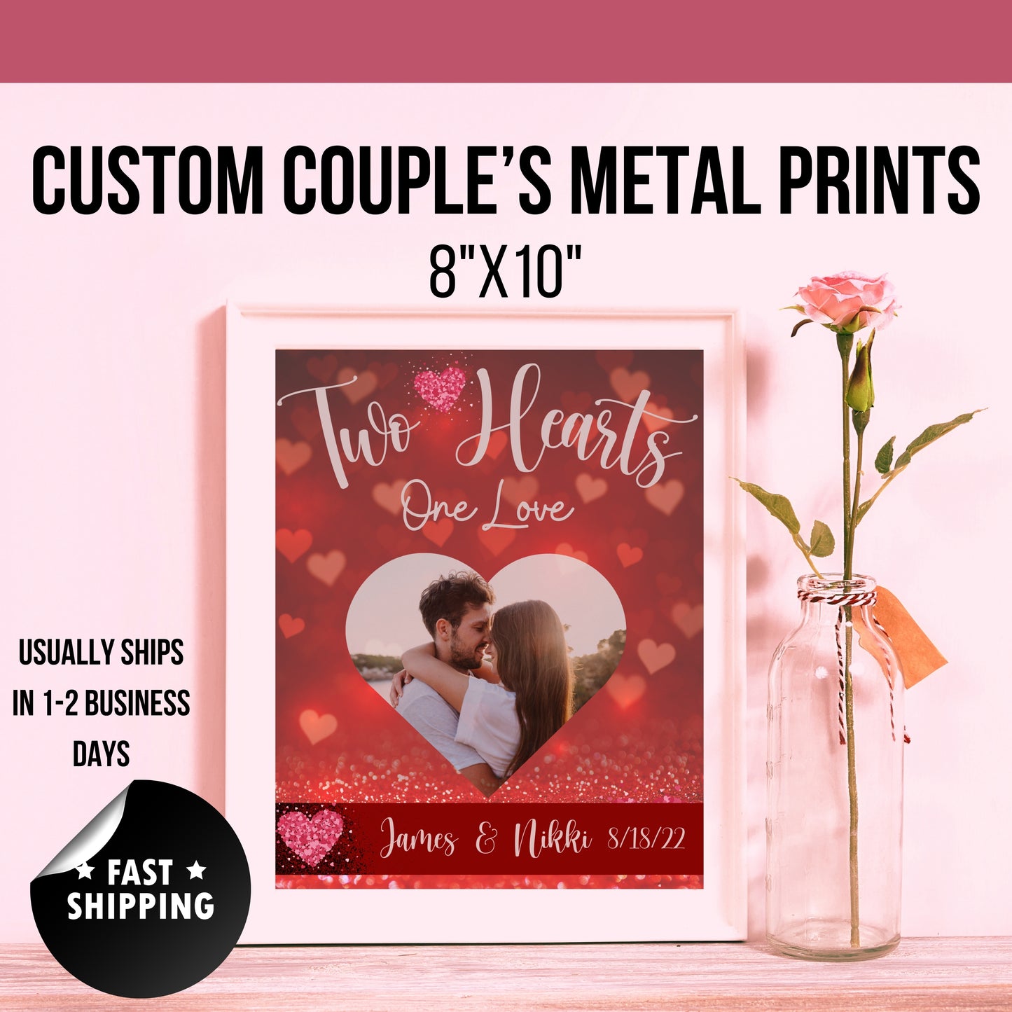 Customized 8x10 metal print romantic couple's gift with personalized photo, names, and date.