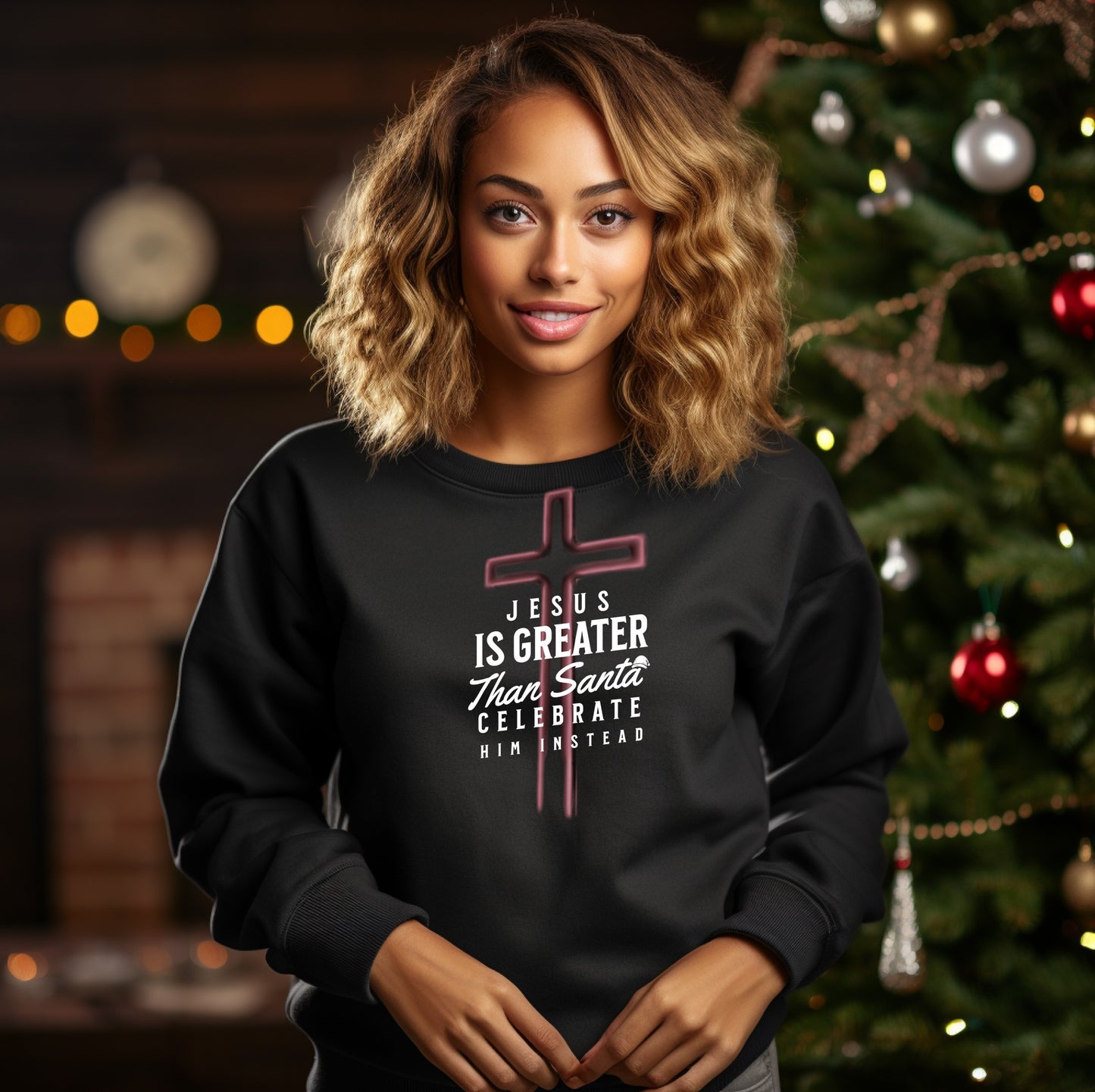 Christian Christmas Sweatshirt, Jesus is Greater than Santa Crewneck Sweatshirt - Canadohta Custom Creations LLC