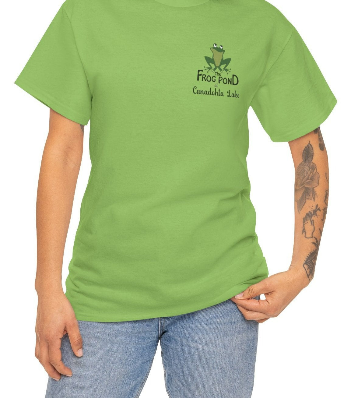 Female model wearing lime green Canadohta Lake Signature Frog Pond Tshirt