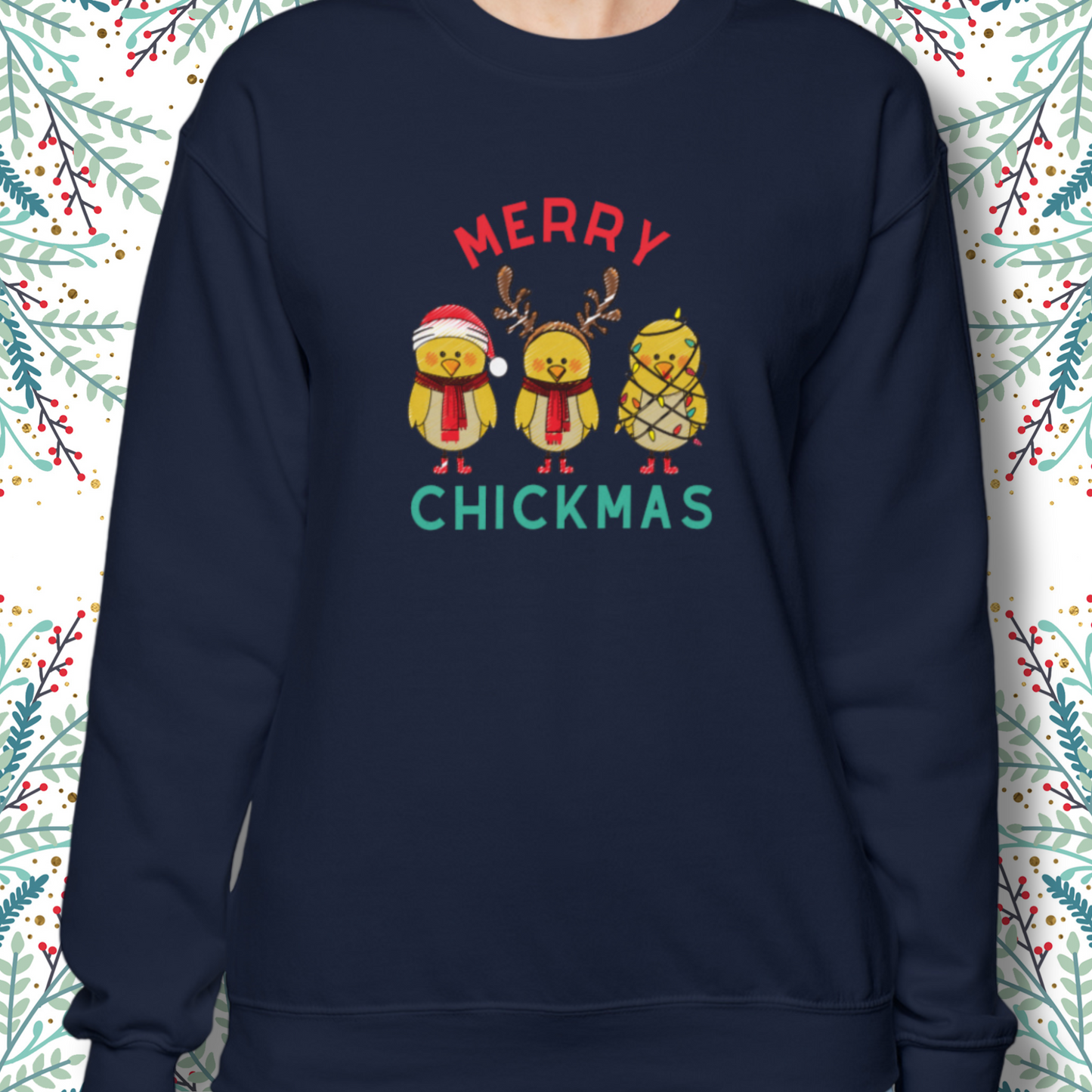 Merry Chickmas Extravaganza: Gildan Softstyle Crewneck – Three Clucky Companions in Festive Finery - Canadohta Custom Creations LLC