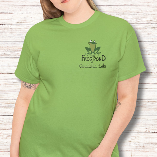 Female model wearing Gildan G500 style Lime Green Tshirt showing off the signature Frog Pond Tee