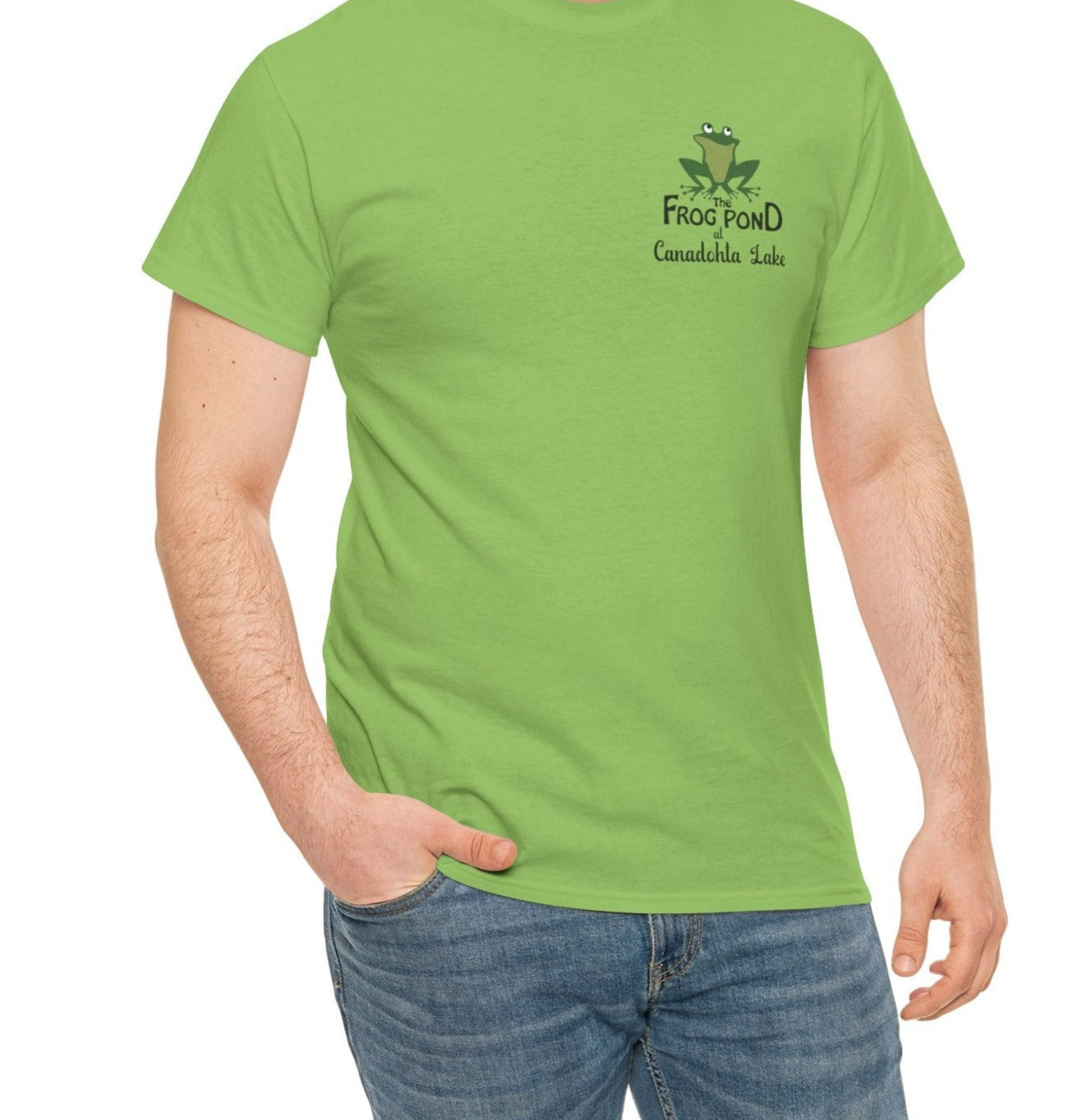 Male model wearing lime green gildan Canadohta Lake Signature Frog Pond Tshirt