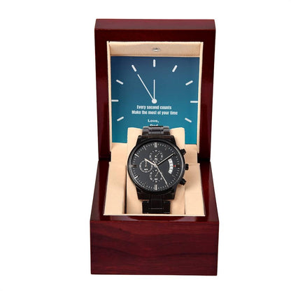 Elevate Your Style with a Watch That Makes Every Second Count, our Men's black watch is the perfect fit for any special man in your life, with option for personalized message - Canadohta Custom Creations LLC