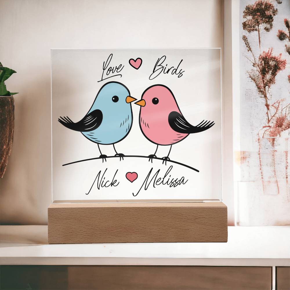 Two Lovebirds Illustration on Acrylic Plaque with Wooden Base