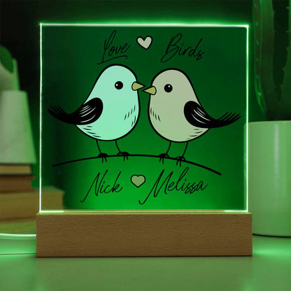 Colorful Ambiance with Lovebirds Acrylic Plaque on LED Stand