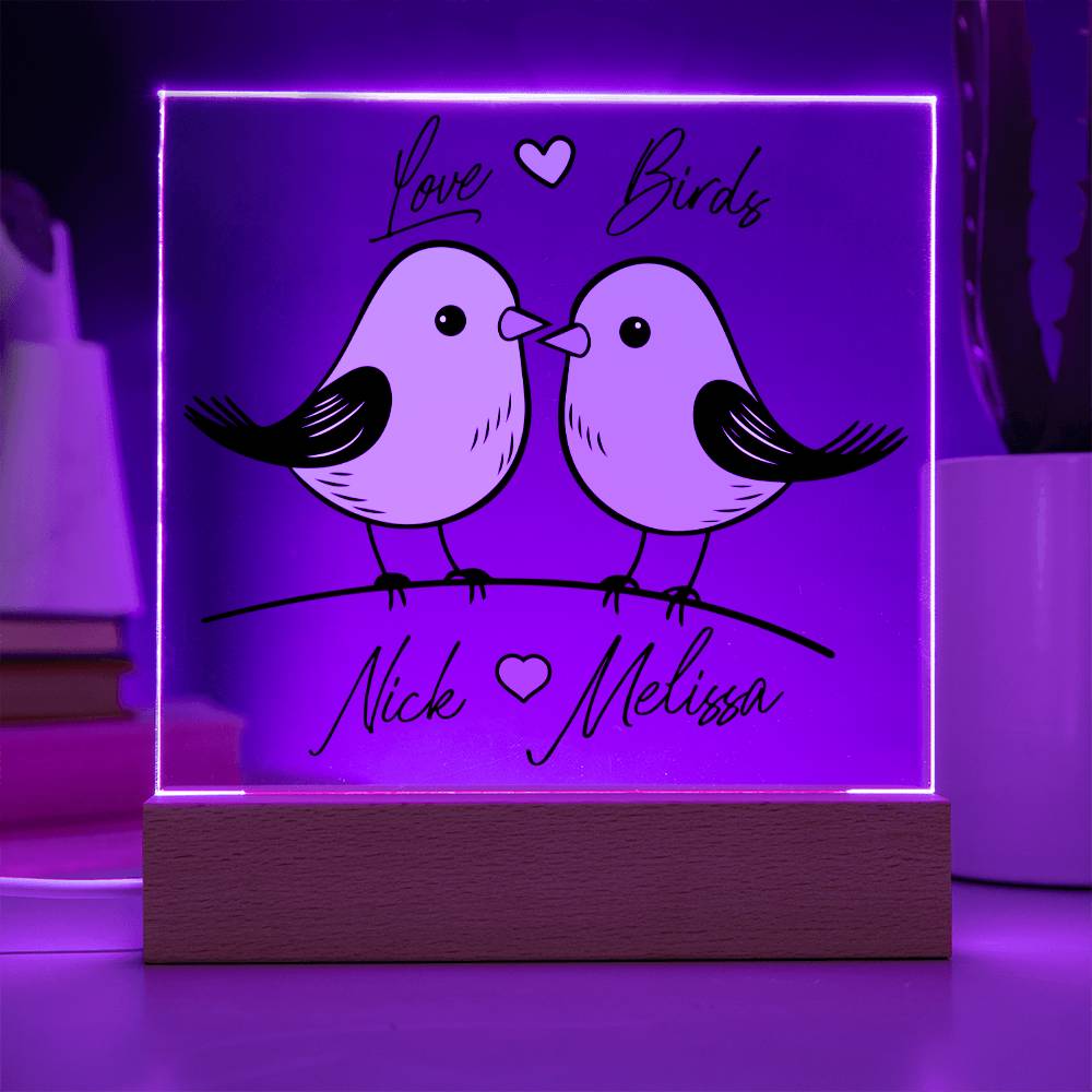 Soft Glow LED Base Enhancing Acrylic Lovebirds Illustration