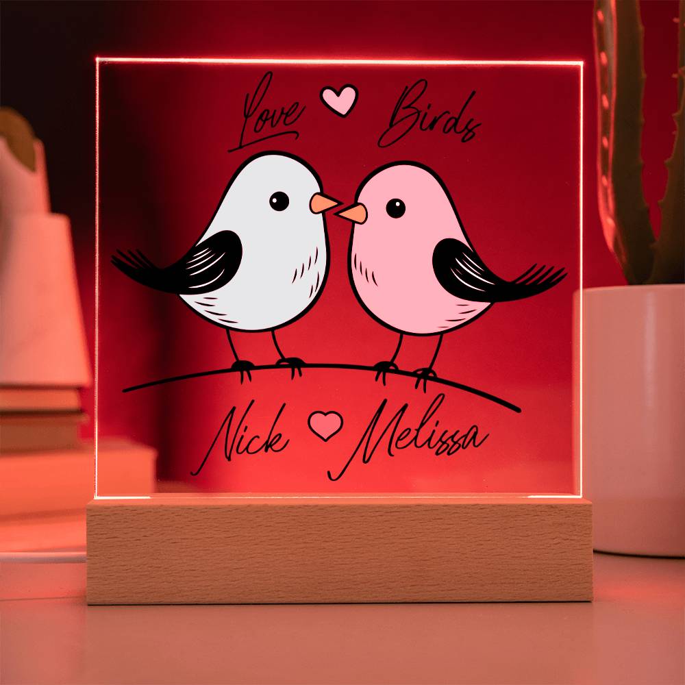 Illuminated Lovebirds Acrylic Plaque with Multicolor LED Base