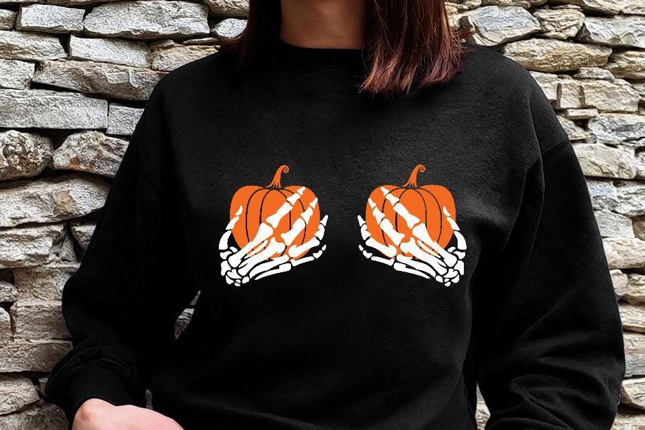 Funny Pumpkin Skeleton Hands Halloween Sweatshirt - Unisex Black Sweatshirt - Adult Sizes - Humorous Costume Apparel - Canadohta Custom Creations LLC
