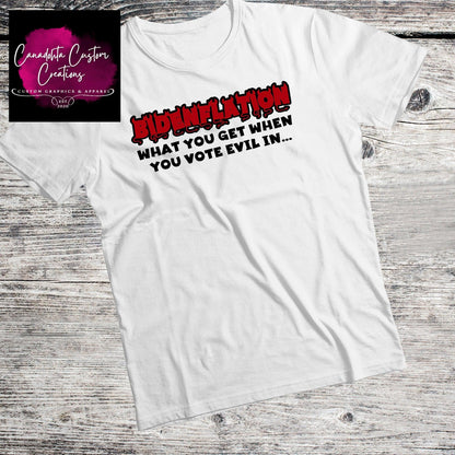 Funny anti Joe Biden Tee, Bidenflation what you get for voting evil in, with devil font, funny political tshirts - Canadohta Custom Creations LLC